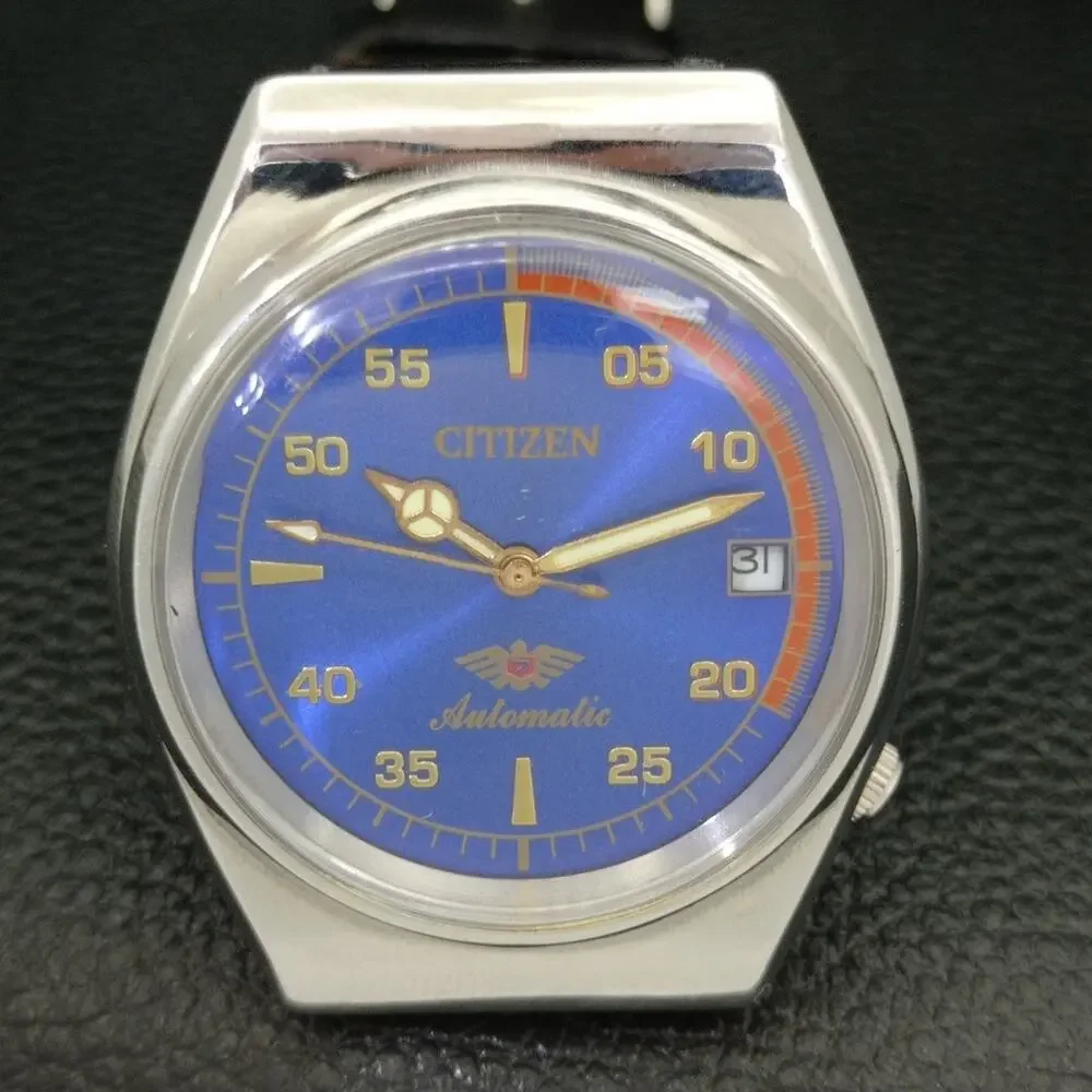 Vintage 1986 Citizen Automatic Mens Silver Watch W/daydate & Blue accents